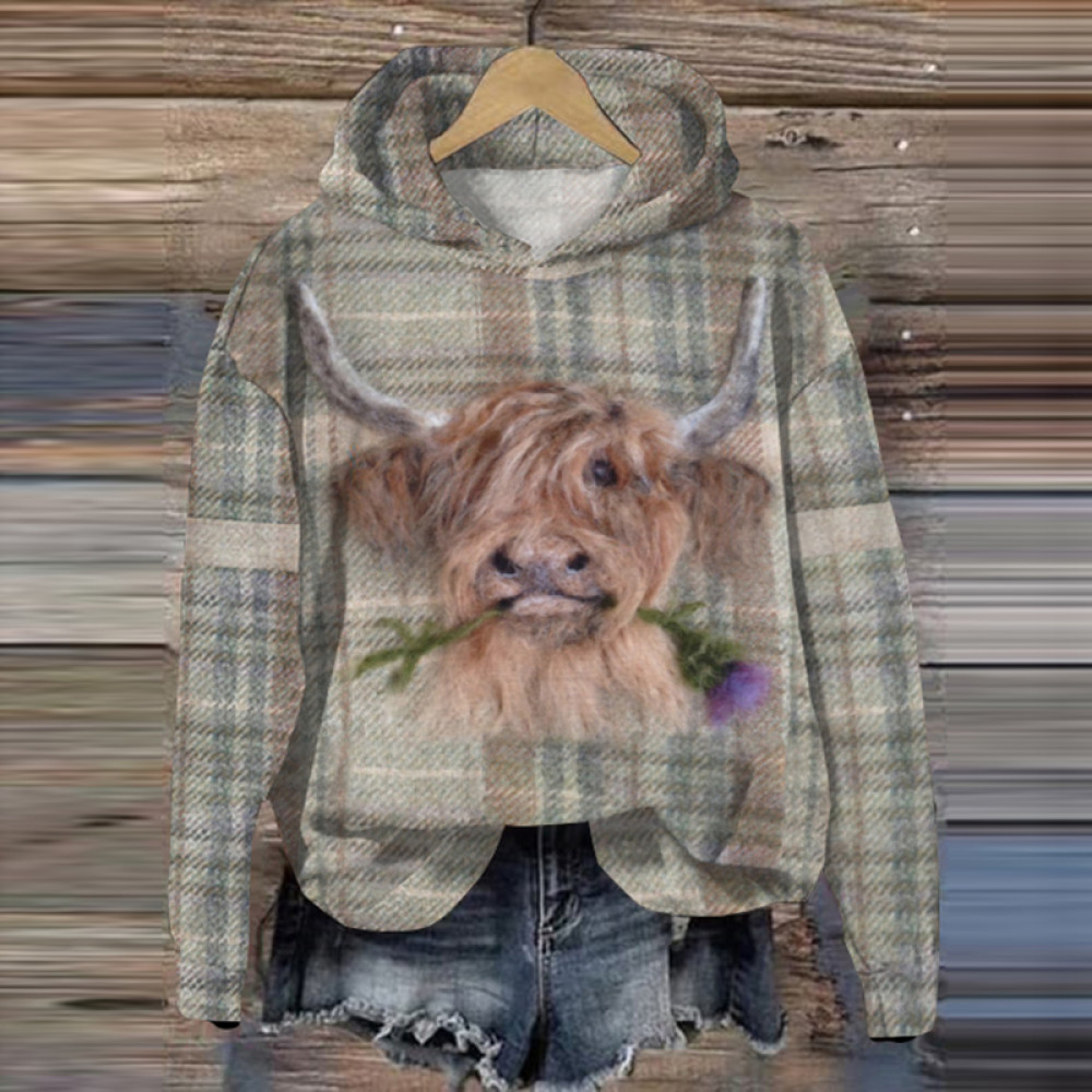 Highland Cow Greetings Wool Felt Art Casual Hoodie