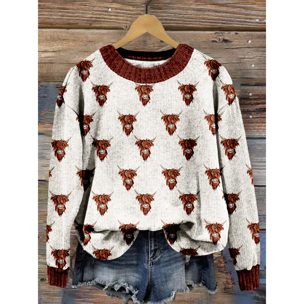 Highland Cow Hoop Embroidery Art Cozy Knit Sweater