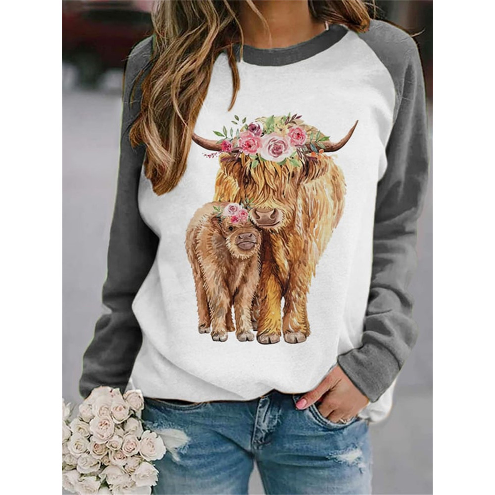 Highland Cow Mom And Baby Print Casual Sweatshirt