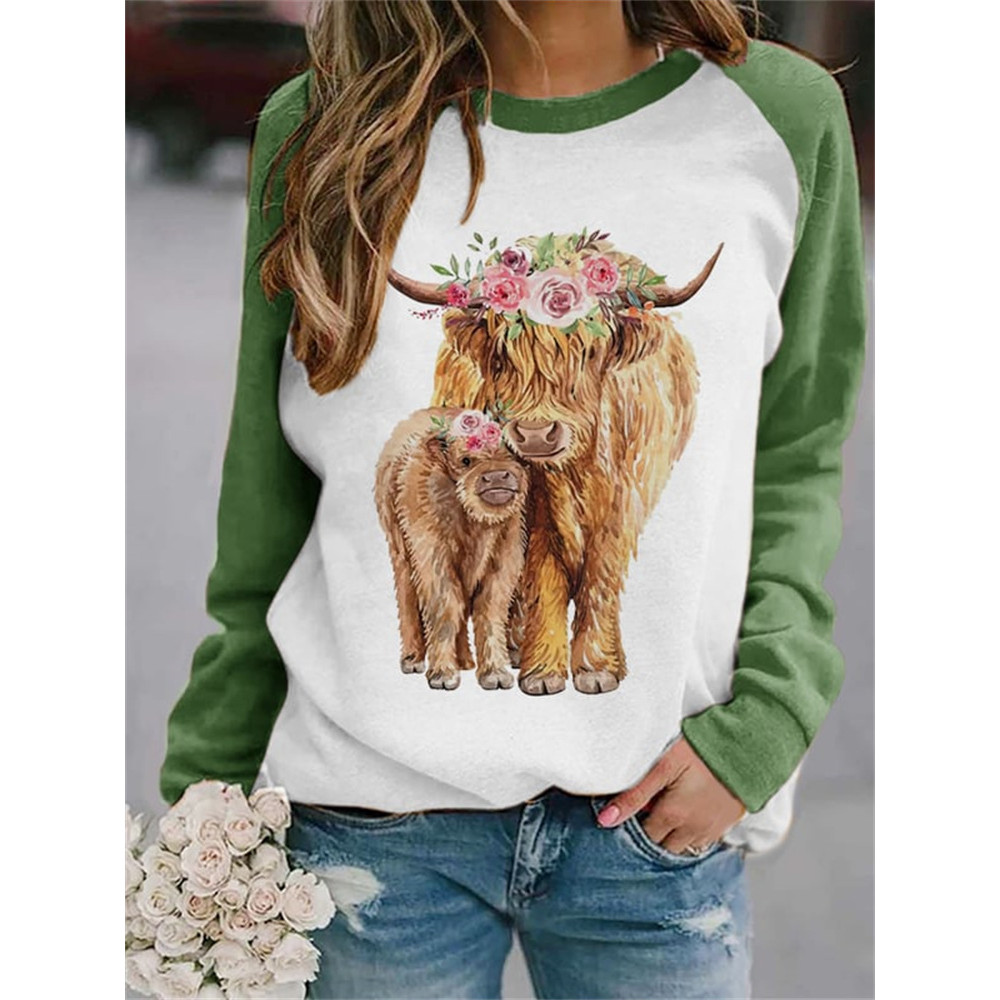 Highland Cow Mom And Baby Print Casual Sweatshirt