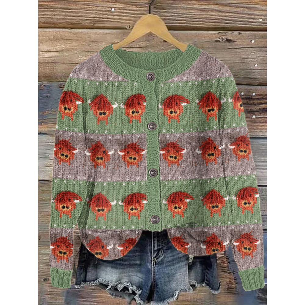 Highland Cow Pattern Cozy Knit Sweater