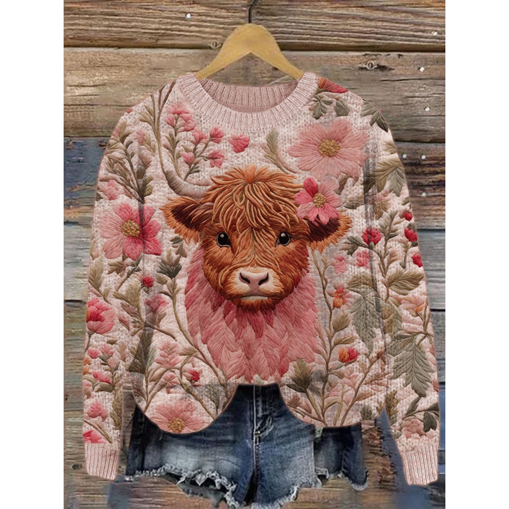 Highland Cow Pink Floral Embroidery Cozy Knit Sweater