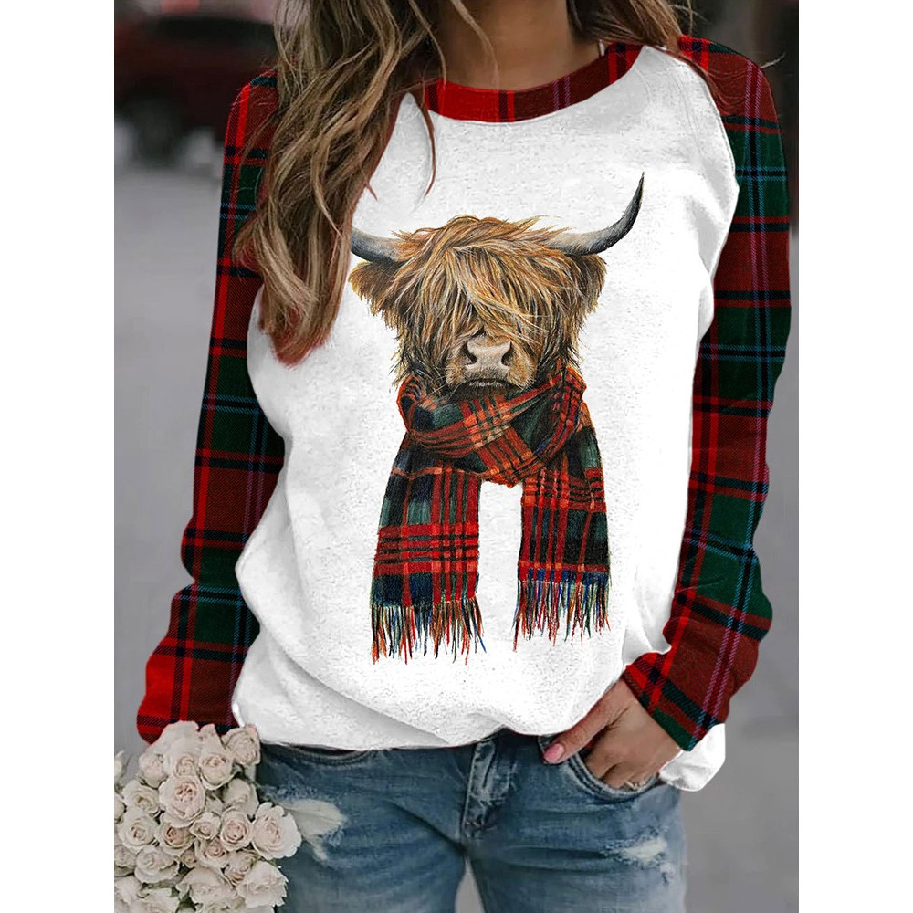 Highland Cow Plaid Print Sweatshirt