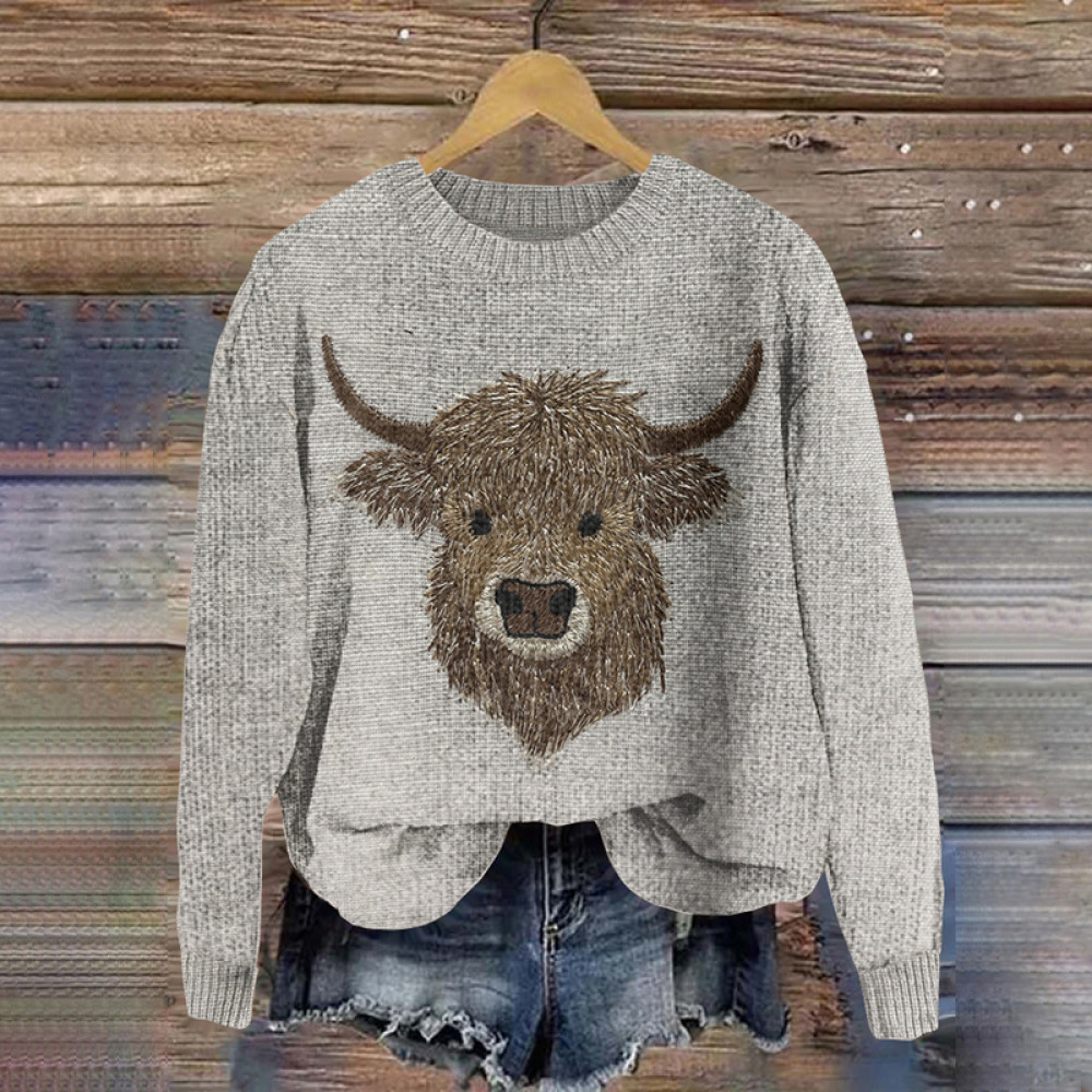 Highland Cow Print Casual Pullover Knitted Sweater
