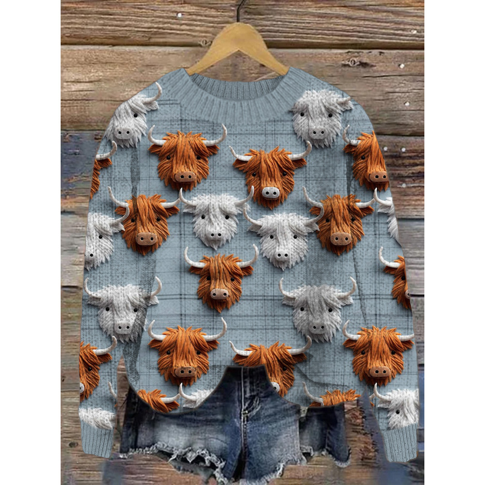 Highland Cow Print Cozy Crew Neck Sweater