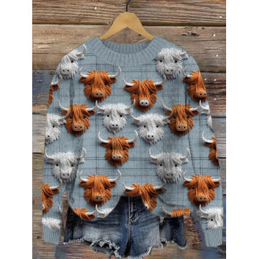 Highland Cow Print Cozy Crew Neck Sweater