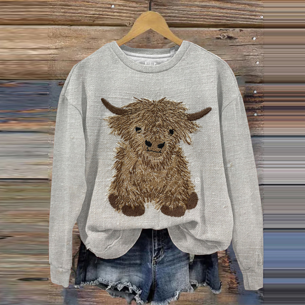 Highland Cow Print Crew Neck Sweatshirt