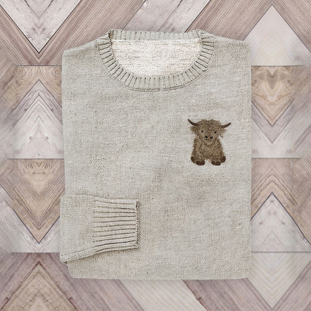 Highland Cow Print Pullover Knitted Sweater