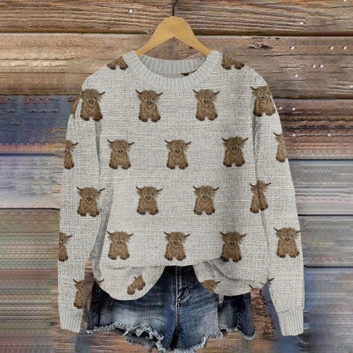 Highland Cow Print Pullover Knitted Sweater
