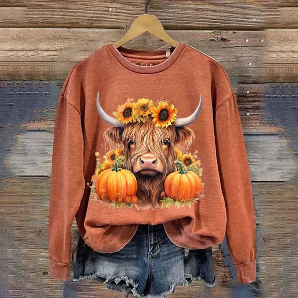 Highland Cow Pumpkin Print Sweatshirt