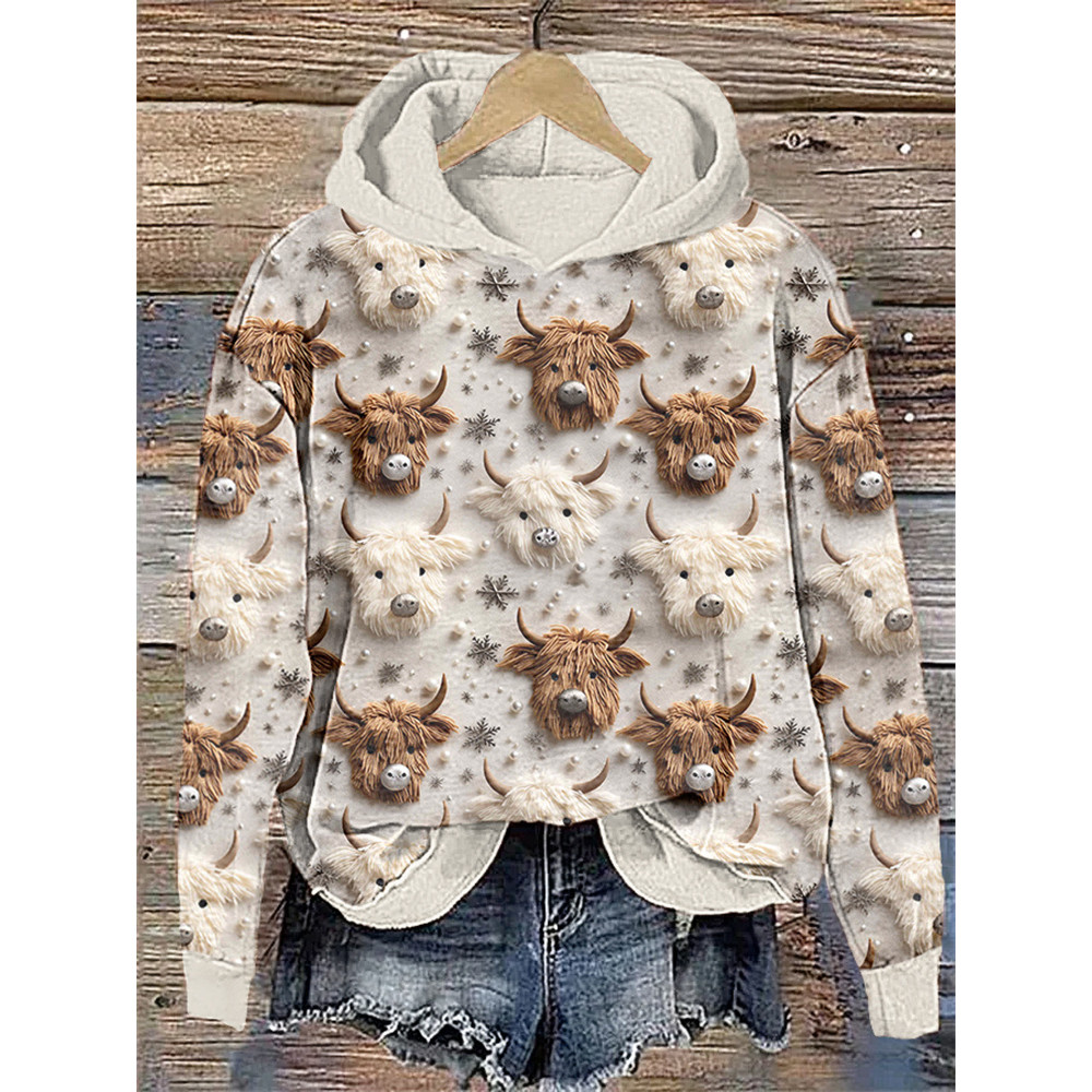 Highland Cow & Christmas Snowflake Casual Cozy Hoodie