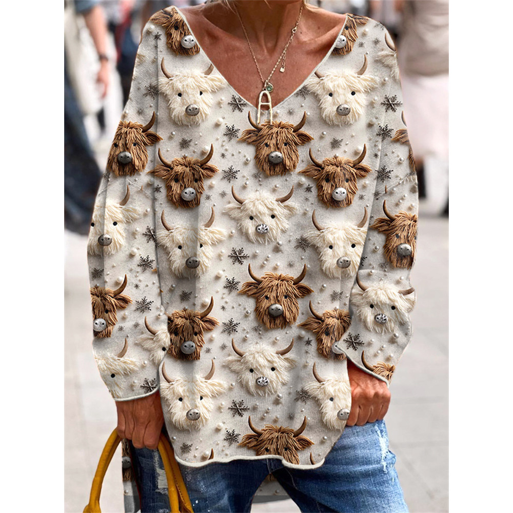 Highland Cow & Christmas Snowflake Casual V-Neck Long Sleeve T-Shirt