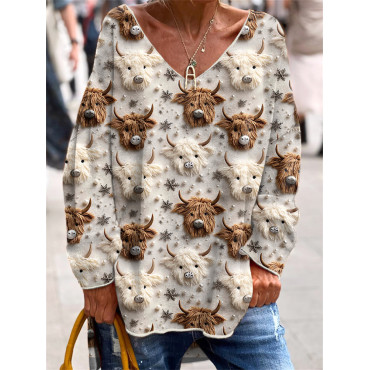 Highland Cow & Christmas Snowflake Casual V-Neck Long Sleeve T-Shirt