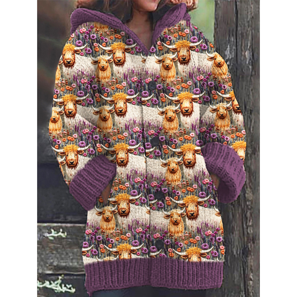 Highland Cow & Floral Embroidery Cozy Knit Cardigan