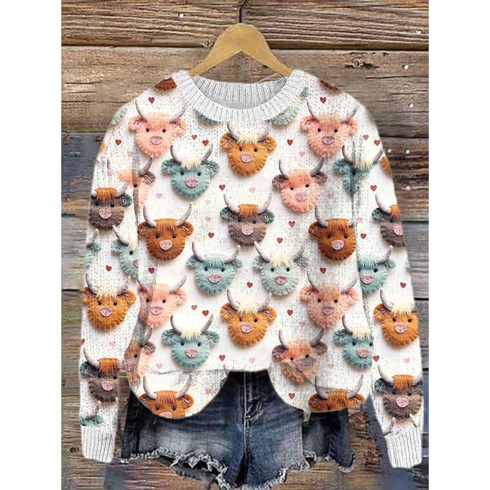 Highland Cow & Hearts Felt Art Cozy Knit Sweater