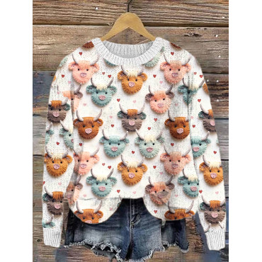 Highland Cow & Hearts Felt Art Cozy Knit Sweater