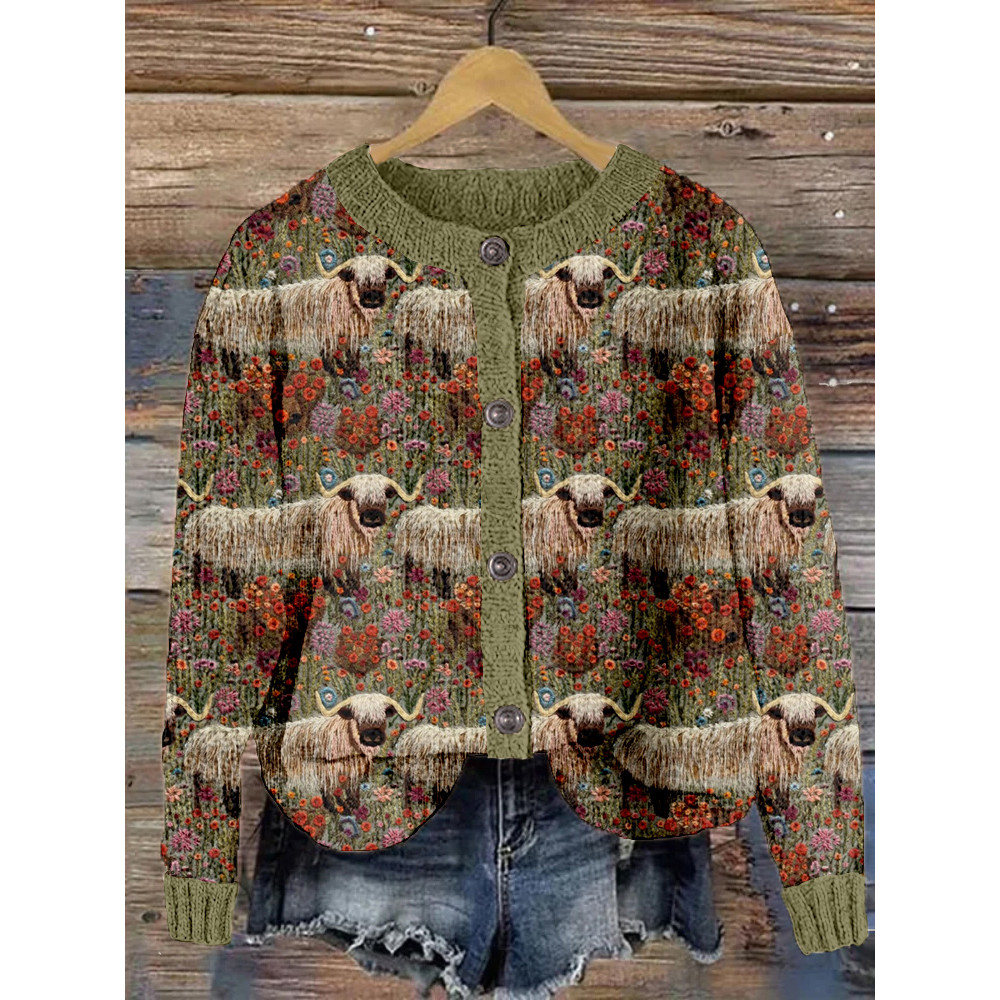 Highland Cow with Flowers Embroidery Art Cozy Knit Cardigan