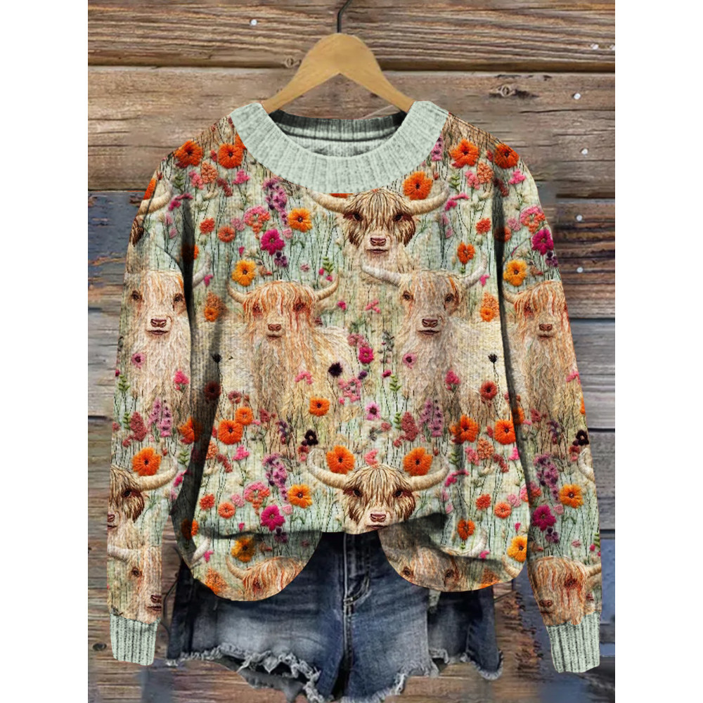 Highland Cow with Flowers Embroidery Art Cozy Knit Sweater