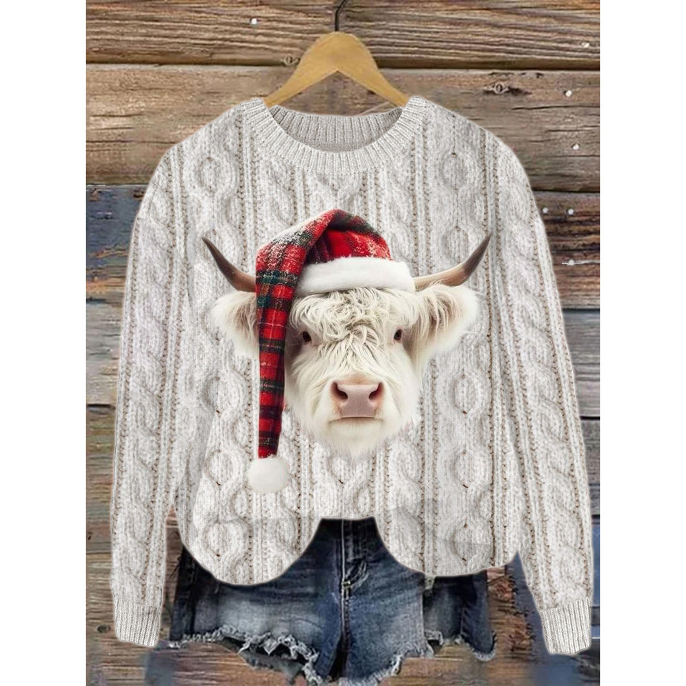 Highland Cow with Plaid Christmas Hat Cable Knit Sweater