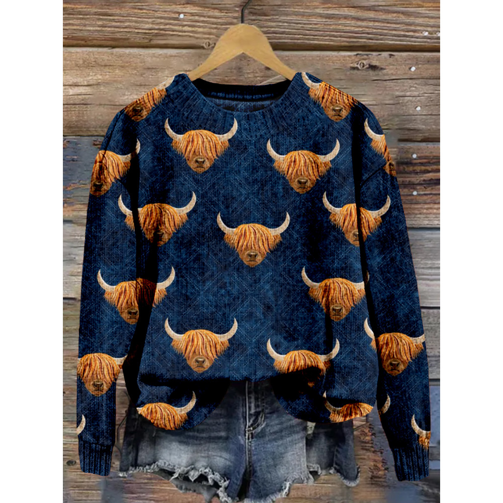 Highland Cows Graphic Crew neck Cozy Knit Sweater