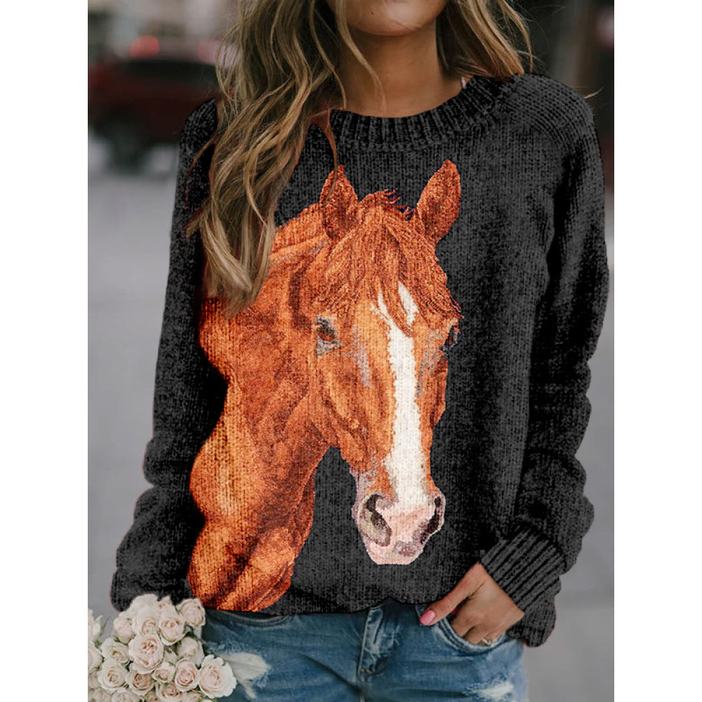 Horse Embroidery Art Crew Neck Comfy Knit Sweater