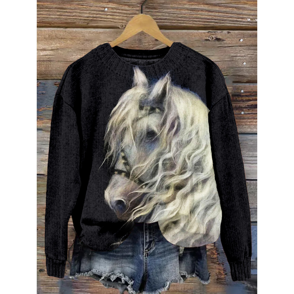 Horse Felt Art Graphic Crew Neck Cozy Knit Sweater