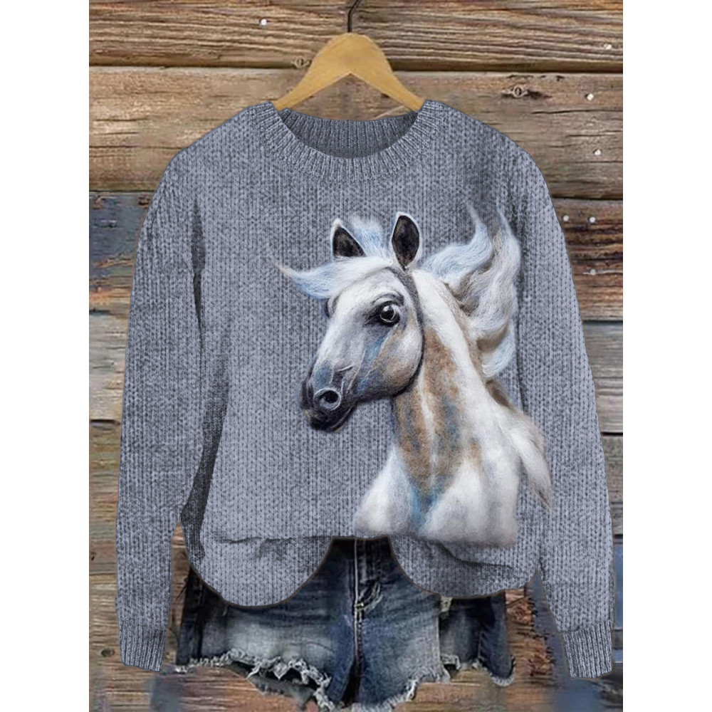Horse Felt Art Pattern Crew Neck Sweater