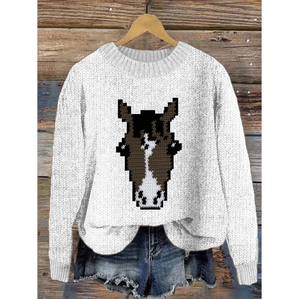 Horse Pattern Crew Neck Sweater