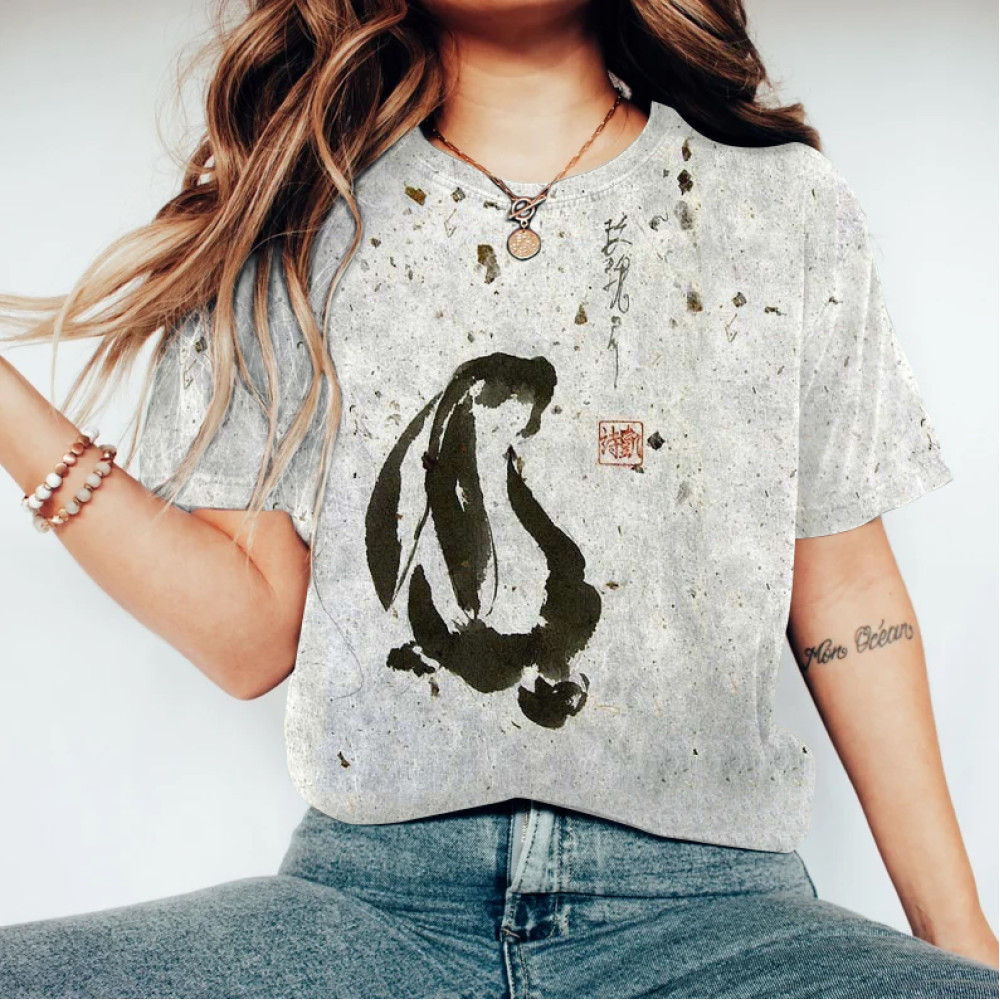 Ink Painting Rabbit Print Round Neck T-Shirt