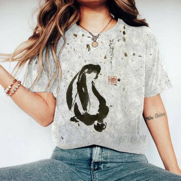 Ink Painting Rabbit Print Round Neck T-Shirt