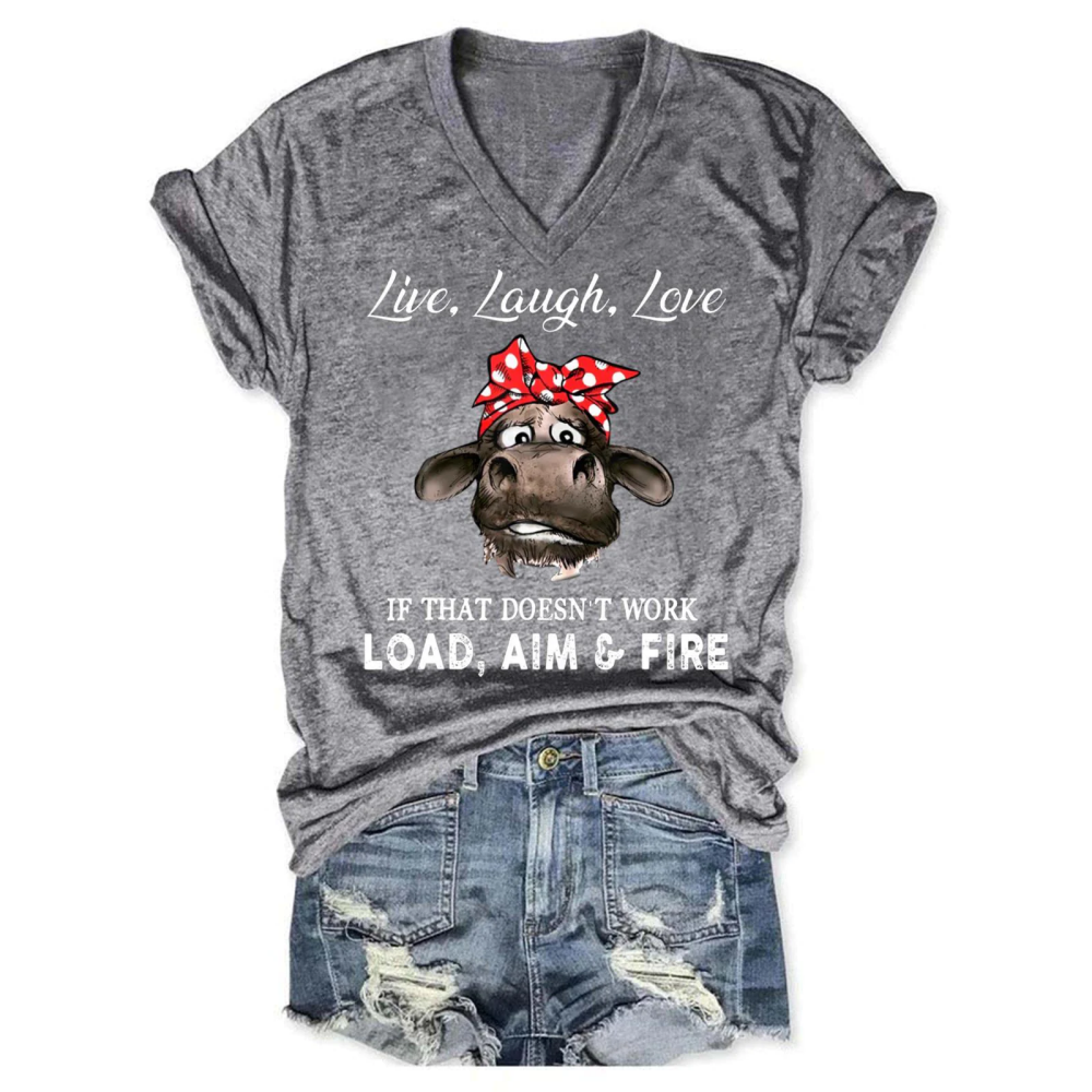 Live Laugh Love Cow Print V-Neck T-Shirt