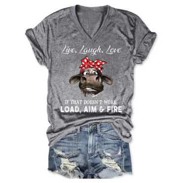 Live Laugh Love Cow Print V-Neck T-Shirt