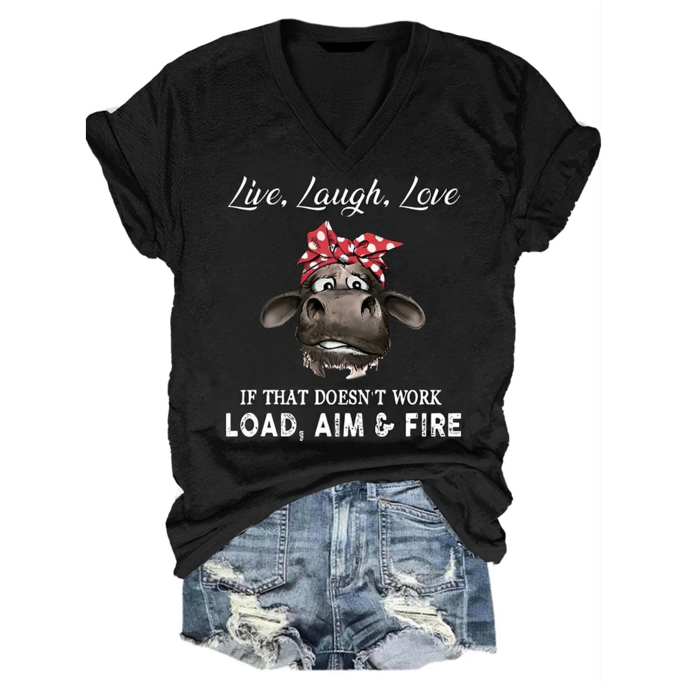 Live Laugh Love Cow Print V-Neck T-Shirt