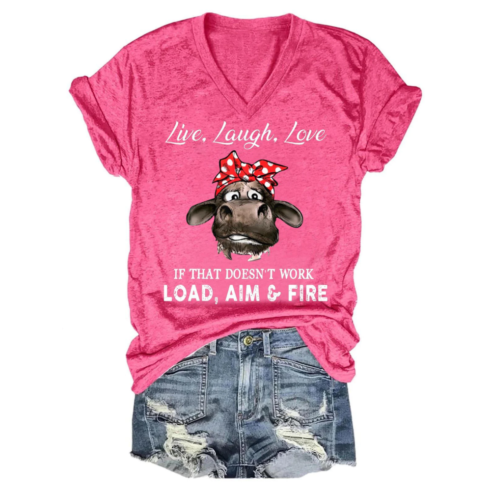 Live Laugh Love Cow Print V-Neck T-Shirt