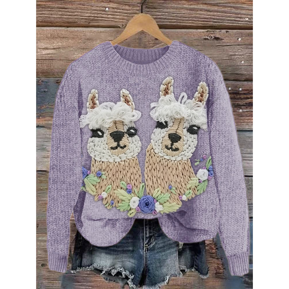 Llama Embroidery Art Cozy Knit Sweater