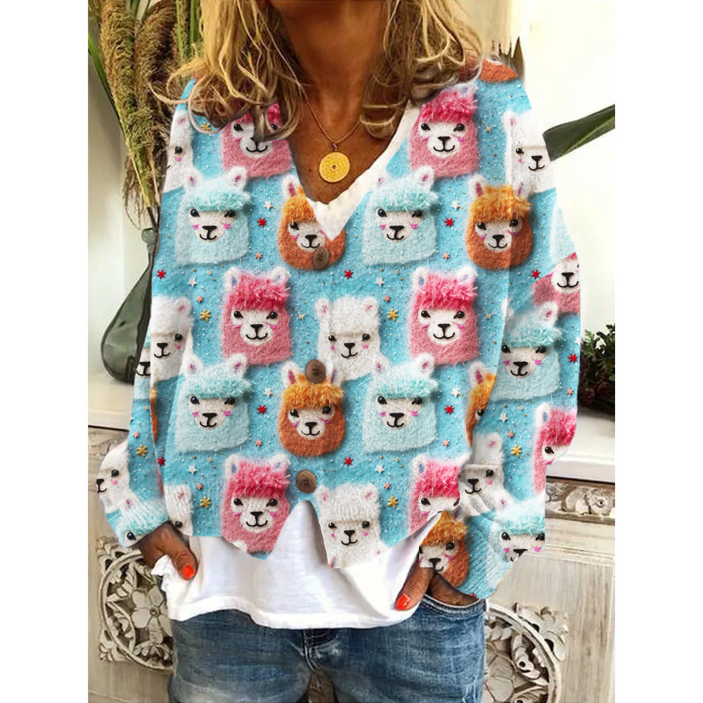 Llama Pattern Casual Cozy Knit Cardigan