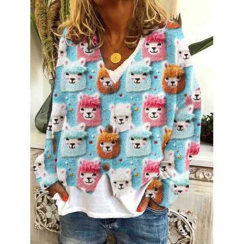 Llama Pattern Casual Cozy Knit Cardigan