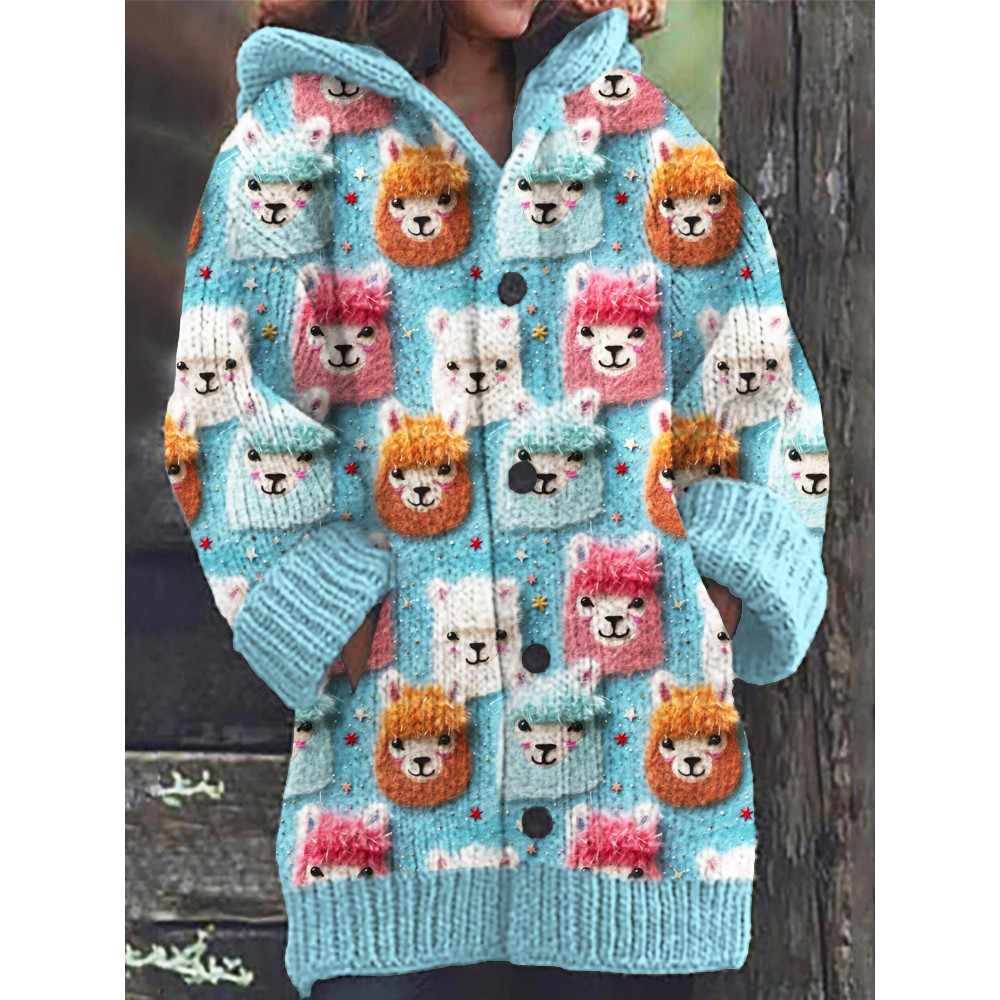 Llama Pattern Casual Cozy Knit Hooded Cardigan