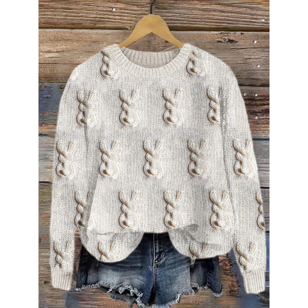 Lovely Bunny Back View Crochet Jacquard Cozy Sweater
