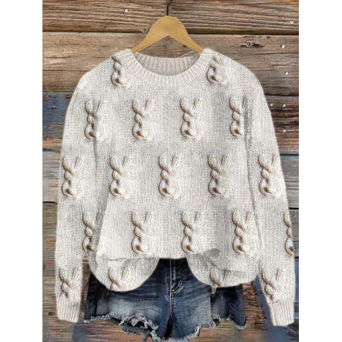 Lovely Bunny Back View Crochet Jacquard Cozy Sweater