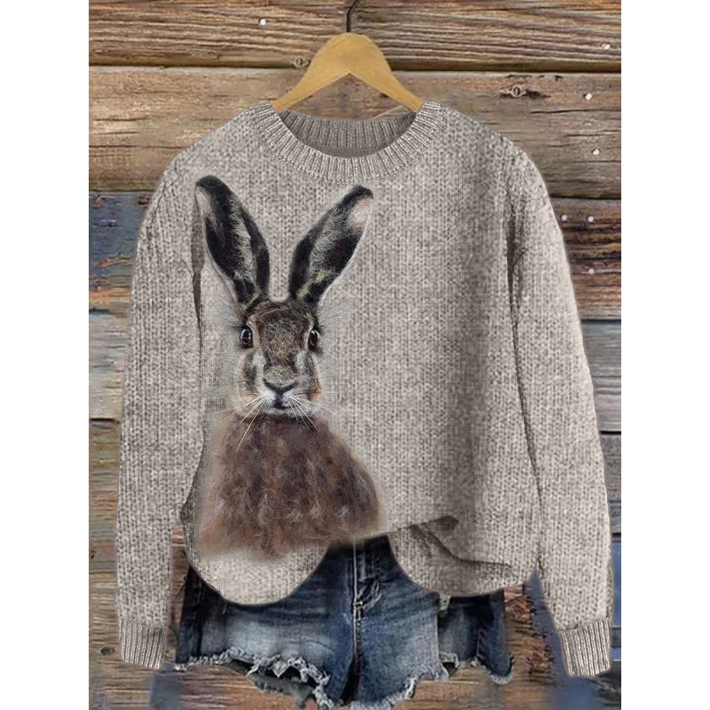 Lovely Bunny Felt Art Cozy Knit Sweater