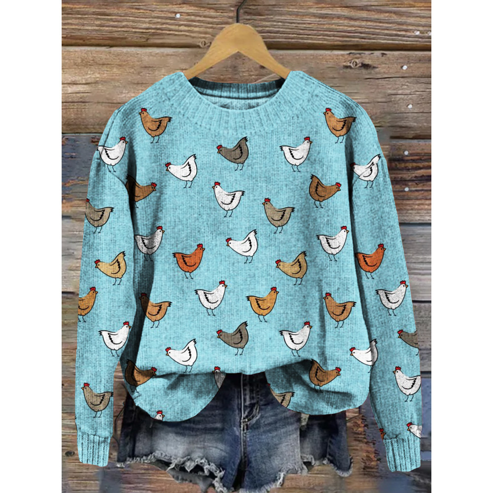 Lovely Chickens Pattern Vintage Cozy Knit Sweater