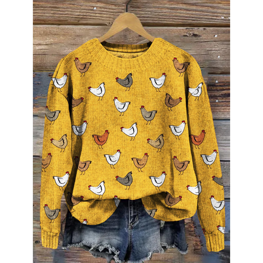 Lovely Chickens Pattern Vintage Cozy Knit Sweater