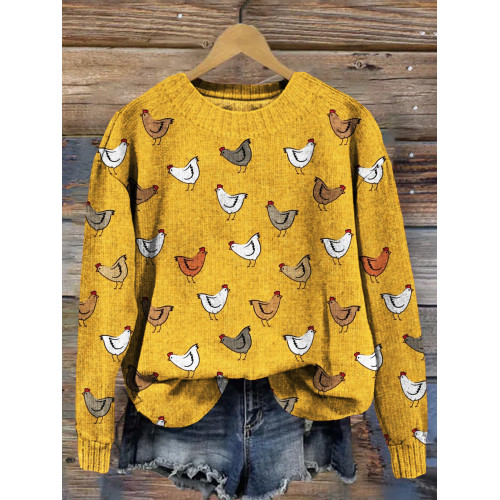 Lovely Chickens Pattern Vintage Cozy Knit Sweater