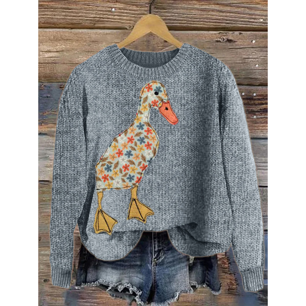 Lovely Duck Floral Fiber Art Cozy Knit Sweater
