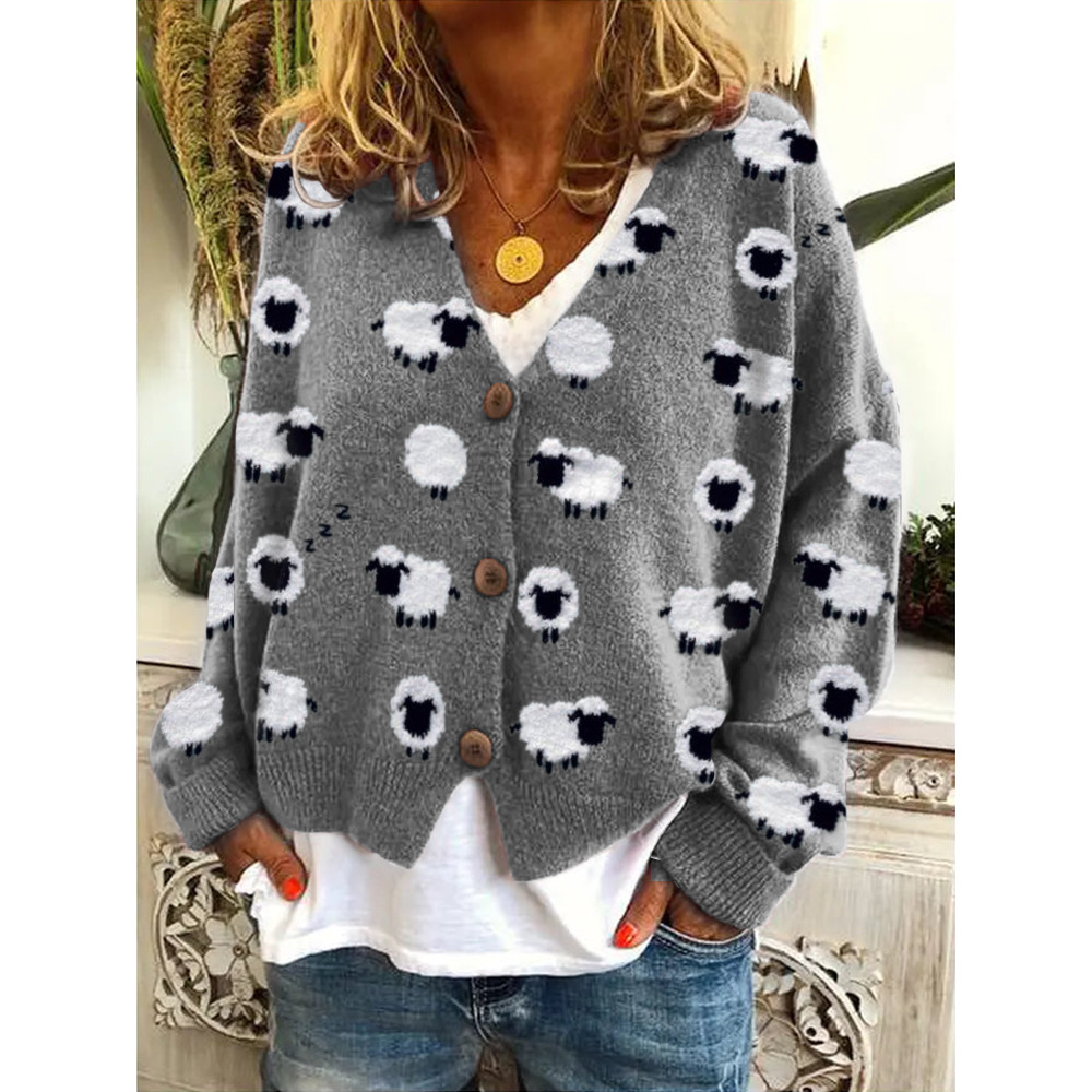 Lovely Fleece Sheep Pattern Print Long Sleeve Cardigan