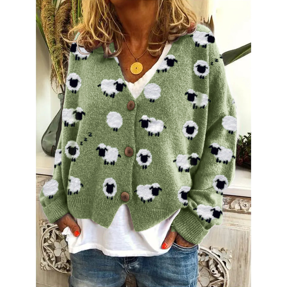 Lovely Fleece Sheep Pattern Print Long Sleeve Cardigan