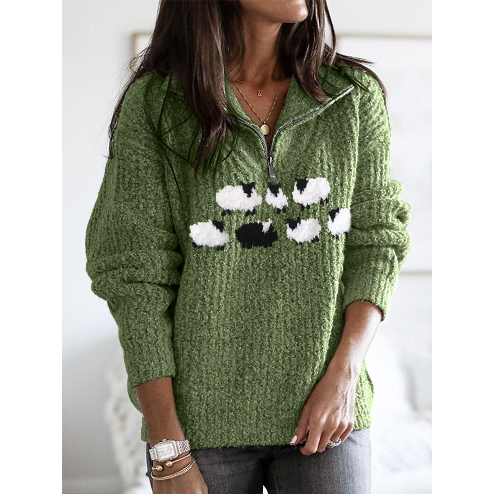 Lovely Fuzzy Sheep Knit Art Cozy Zip Up Sweater