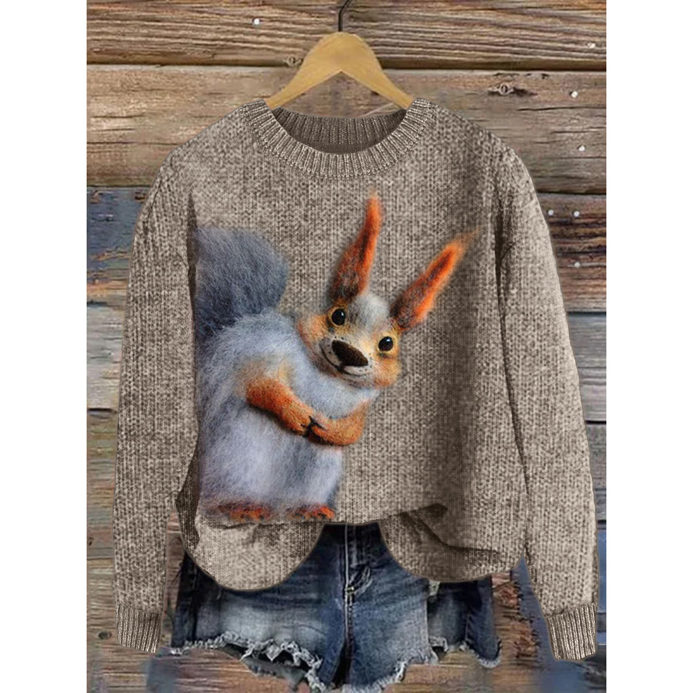 Lovely Peeking Squirrel Felt Cozy Knit Sweater