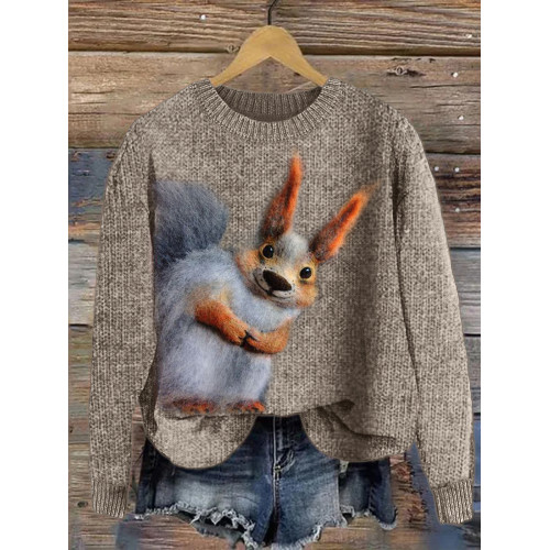 Lovely Peeking Squirrel Felt Cozy Knit Sweater